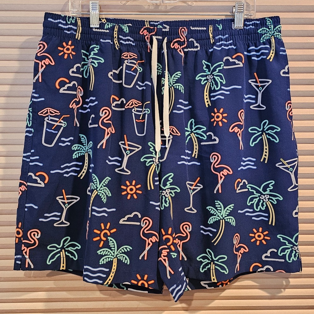 Chubbies Mens 2XL Swim Trunks Navy Neon‎ Flamingo Palm Tree 7 Inch Inseam Shorts